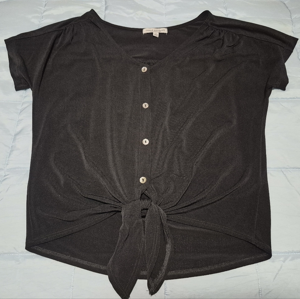 Green Envelope Black Button-Down Tie-Front Top
